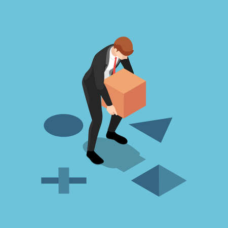 Flat 3d isometric businessman putting the square box into the right hole. Business solution and...