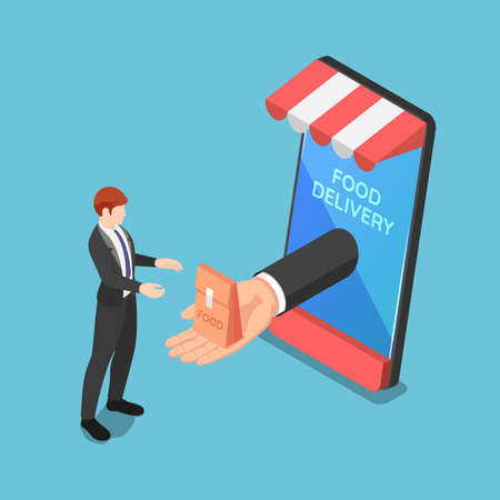 Flat 3d Isometric Businessman Hand Come Out from Smartphone Screen and Delivering Food. Online Food Order and Delivery Service Concept.のイラスト素材