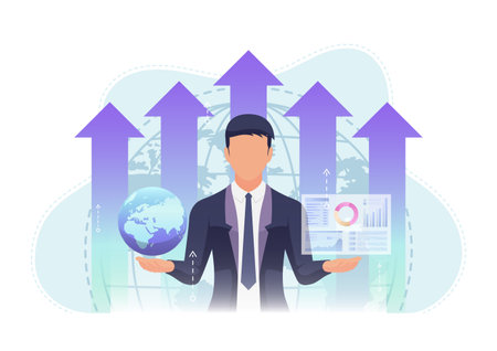 Businessman Holding World and Business Chart with Growth Graph Background. Global Business concept.のイラスト素材
