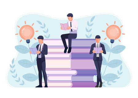 Group of Businessman Reading around Pile of Books. Business Knowledge and Education Concept.のイラスト素材