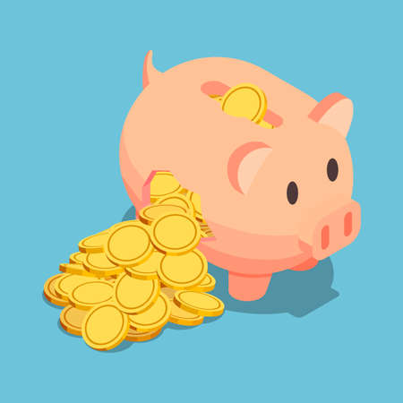 Flat 3d Isometric Golden Coin Come Out From Broken Piggy Bank. Financial Crisis Concept.のイラスト素材