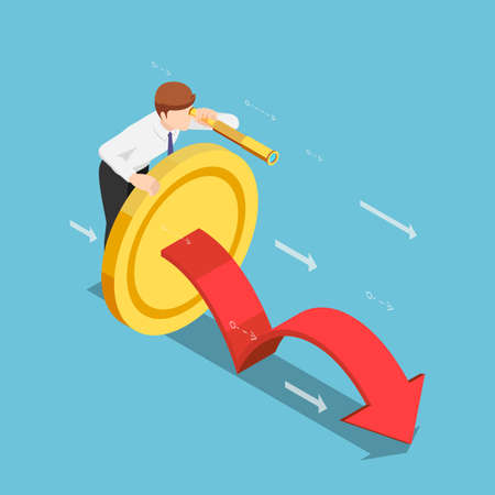 Flat 3d Isometric Businessman with Golden Coin and Telescope Looking Forward. Long Term Investment Concept.のイラスト素材