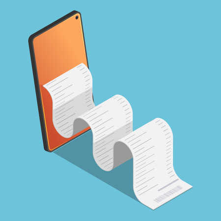 Flat 3d Isometric Financial Bill come out from smartphone.  Mobile Electronic Payment and Internet Banking Concept.のイラスト素材