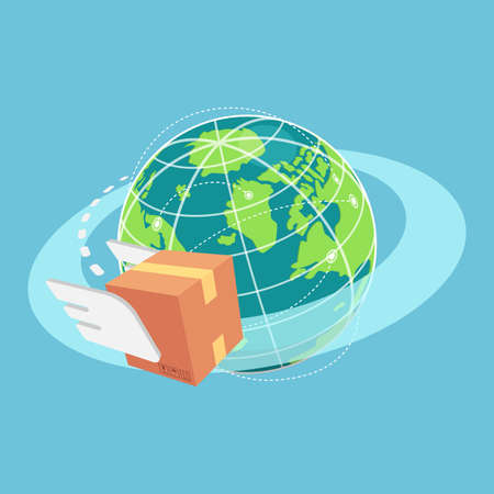 Flat 3d Isometric Cardboard Box Flying Around The World. Global Shipment and Logistics Concept.のイラスト素材