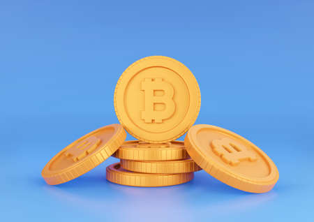 3d Rendering Bitcoin Stack on Blue Background. Cryptocurrency and Blockchain Technology Concept.のイラスト素材