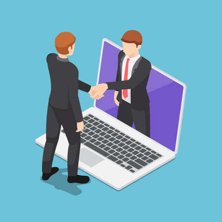 Flat 3d Isometric Businessmen Having Online Agreement and Shaking Hands Through Laptop Screen. Online Business Concept.のイラスト素材