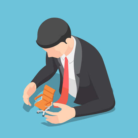 Flat 3d Isometric Businessman Protecting Office Chair. Job Security and Protection Concept.のイラスト素材