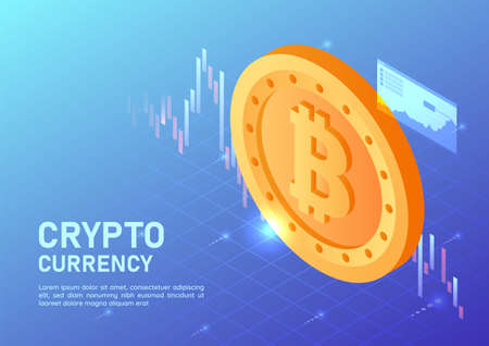 3d Isometric Web Banner Golden Bitcoin with Virtual Stock Market Graph. Cryptocurrency Concept.のイラスト素材