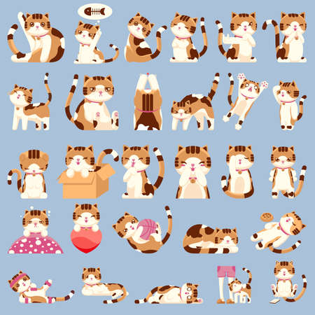 Set of Cute Calico Cat Character in Various Gestures Iconのイラスト素材
