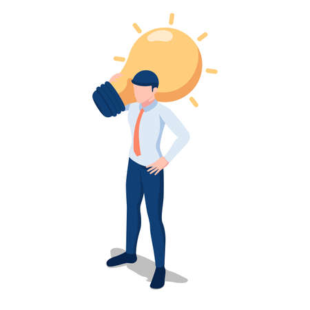 Flat 3d Isometric Businessman Carrying Light Bulb of Idea on his Shoulder. Business Idea and Solution Concept.のイラスト素材