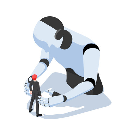 Flat 3d Isometric Businessman Facing with Against Ai Robot. Humans vs Robots and Artificial intelligence Technology Concept.のイラスト素材