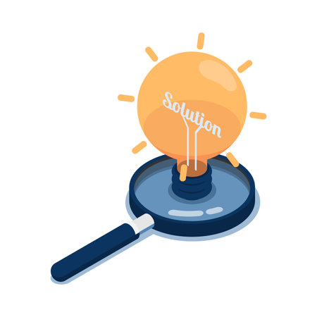 Flat 3d Isometric Light Bulb of Idea with Word Solution Inside Over Magnifying Glass. Business Solution and Idea Concept.のイラスト素材