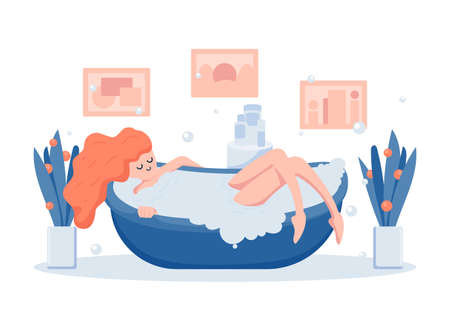 Young Woman Relaxing in The Bathtub. Healthy Lifestyle Concept.のイラスト素材