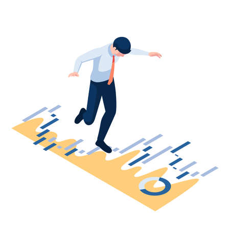 Flat 3d Isometric Businessman Walking and Balancing on Financial Graph. Business and Finance Concept.のイラスト素材