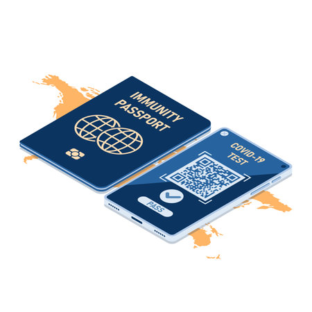 Flat 3d Isometric Immunity Passport and Smartphone with Digital Vaccination Certificate for COVID-19. Immunity Passport and Vaccination Certification Concept.のイラスト素材