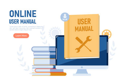 Web Banner Monitor with User Manual Guide Book. Online User Manual or Instruction Book Concept.のイラスト素材