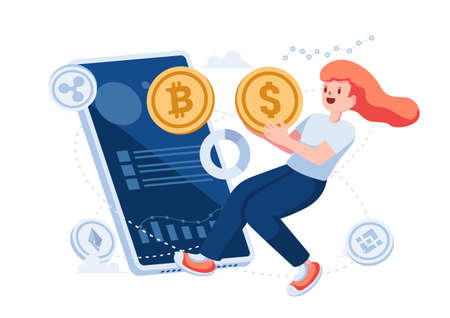 Woman Exchange Dollar Coin to Bitcoin Through Smartphone App. Cryptocurrency Exchange Trading Platform Concept.のイラスト素材
