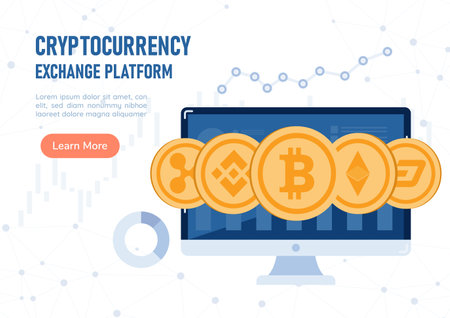 Web Banner Cryptocurrency Coin on PC Monitor. Cryptocurrency Exchange Platform and Blockchain Technology Concept.のイラスト素材