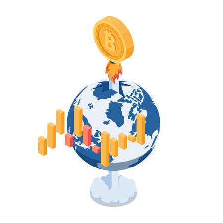 Flat 3d Isometric Bitcoin Rocket Fly Through The World. Bitcoin Price Growth Fast and Cryptocurrency Concept.のイラスト素材