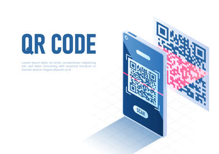 3d Isometric Web Banner Smartphone with a Scaner Scanning QR Code. Qr Code Verification Technology Concept.のイラスト素材