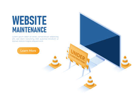 3d Isometric Web Banner PC Monitor with Under Construction Barrier and Traffic Cones. Website Under Maintenance Concept.のイラスト素材