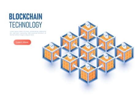 3d Isometric Web Banner Blockchain Network Connection. Blockchain Technology and Cryptocurrency Concept.のイラスト素材