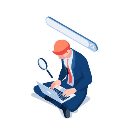 Flat 3d Isometric Businessman Using Search Engine Website for Information. Data Search and Search Engine Optimization Technology Concept.のイラスト素材