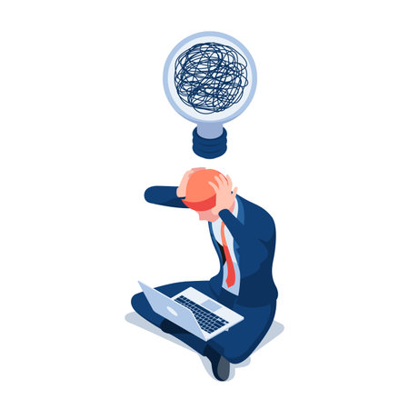 Flat 3d Isometric Frustrated Businessman with Confused Idea. Business Problem and Idea Concept.のイラスト素材