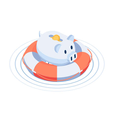 Flat 3d Isometric Piggy Bank On The Lifebuoy. Emergency Fund and Financial Crisis Concept.のイラスト素材