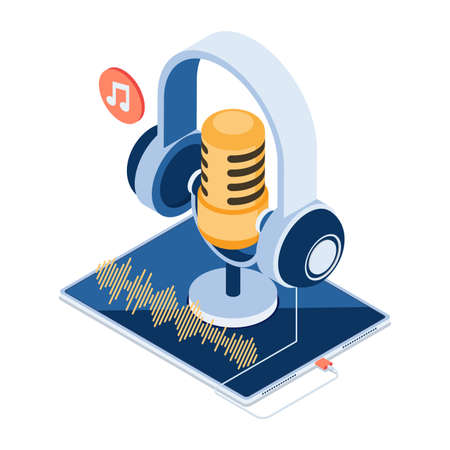 Flat 3d Isometric Microphone and Headphone on Digital Tablet. Podcast Concept.のイラスト素材