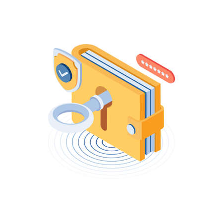 Flat 3d Isometric Money Wallet with Security System. Money Protection and Financial Security.のイラスト素材