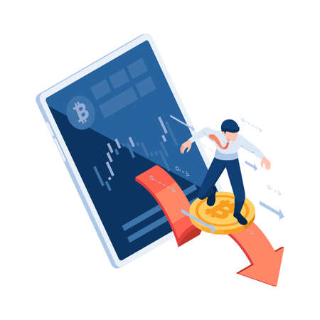 Flat 3d Isometric Businessman Surfing on Bitcoin. Cryptocurrency and Blockchain Technology Concept.のイラスト素材