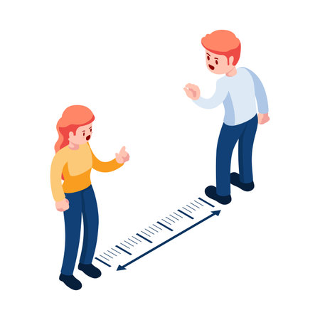 Flat 3d Isometric Man and Woman Keep Distance in Public Society. Social Distancing and New Normal Lifeのイラスト素材