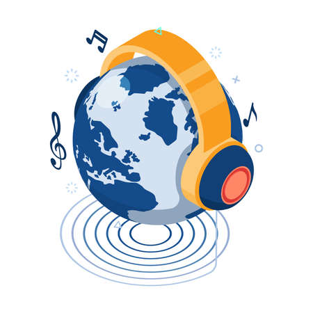 Flat 3d Isometric Earth Globe with Headphone. World Music Day Concept.のイラスト素材