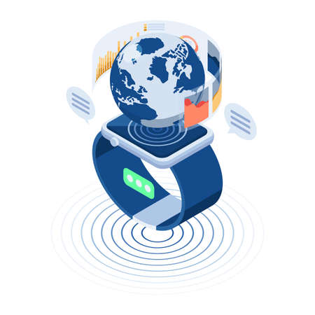 Flat 3d Isometric Smart Watch with Earth Globe Hologram. Smartwatch Technology Concept.のイラスト素材