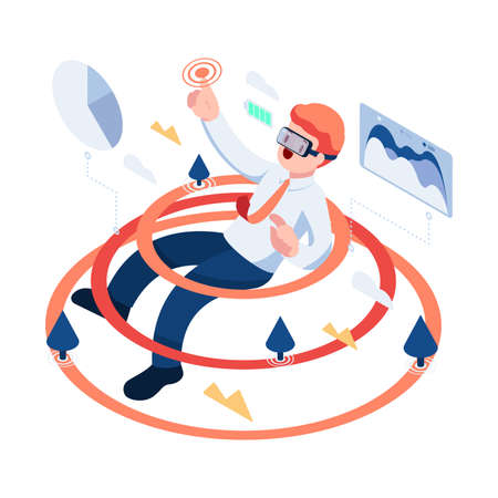 Flat 3d Isometric Businessman Playing in Virtual Reality World with VR Goggles. Metaverse and Virtual Reality Technology Concept.のイラスト素材