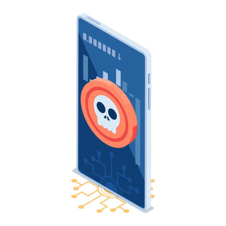 Flat 3d Isometric Coin with Skull Symbol on Smartphone with Falling Graph. Scam Coin or Rug Pull Cryptocurrency Coin Project Concept.のイラスト素材