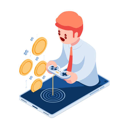 Flat 3d Isometric Businessman Playing Games on Smartphone and Earn Money. Play to Earn Concept.のイラスト素材