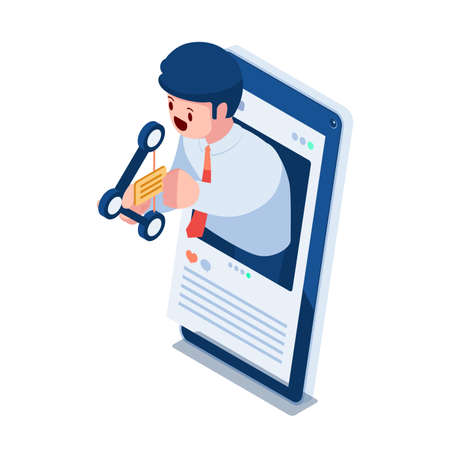 Flat 3d Isometric Businessman Sending Message by Share Icon Arrow. Social Media and Communication Concept.のイラスト素材