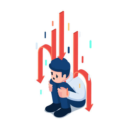 Flat 3d Isometric Red Arrows Falling to Sad Businessman. Bankruptcy and Business Crisis Concept.のイラスト素材