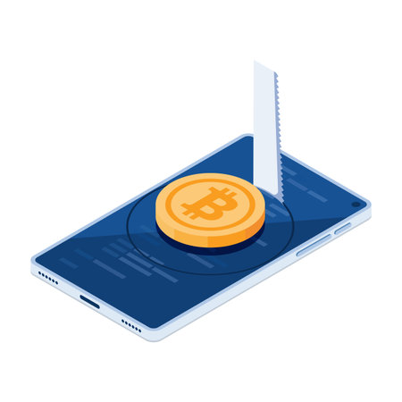 Flat 3d Isometric Hacker Use Saw Cutting The Floor to Stealing Bitcoin. Bitcoin Cryptocurrency Price Crisis and Hacker Concept.のイラスト素材