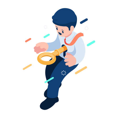 Flat 3d Isometric Golden Key Unlock Businessman. Self Improvement Concept.のイラスト素材