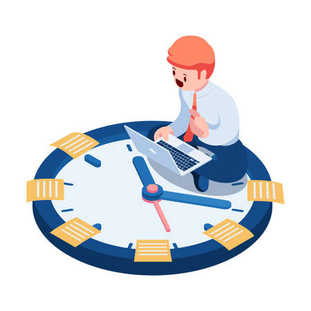 Flat 3d Isometric Businessman Sitting on Clock with Sticky Note. Business Schedule and Reminders Concept.のイラスト素材