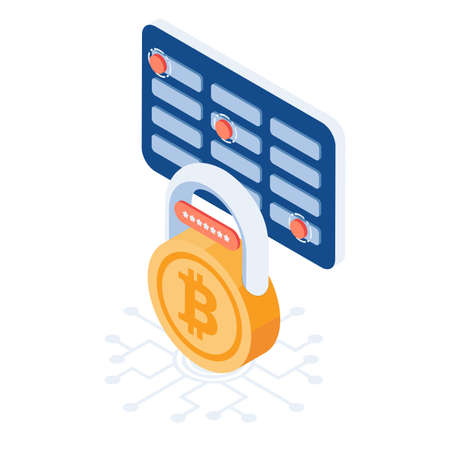 Flat 3d Isometric Bitcoin Lock with Mnemonic Phrase Password. Bitcoin and Cryptocurrency Security Concept.のイラスト素材