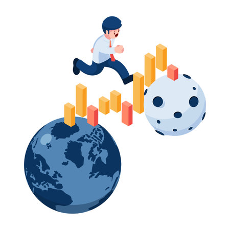 Flat 3d Isometric Businessman Walking on Uptrend Graph from World to The Moon. Financial and Investment Concept.のイラスト素材