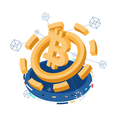Flat 3d Isometric Money Coin Spreading Out from The Center with Bitcoin Symbol. Decentralized Finance and Cryptocurrency Concept.のイラスト素材
