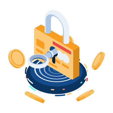 Flat 3d Isometric Credit Card Protected by Key and Lock. Financial Security Concept.のイラスト素材