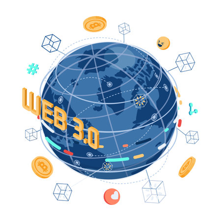 Flat 3d Isometric Web 3.0 Internet with World. Web 3.0 New Generation of The Internet and IoT Internet of Things Concept.のイラスト素材