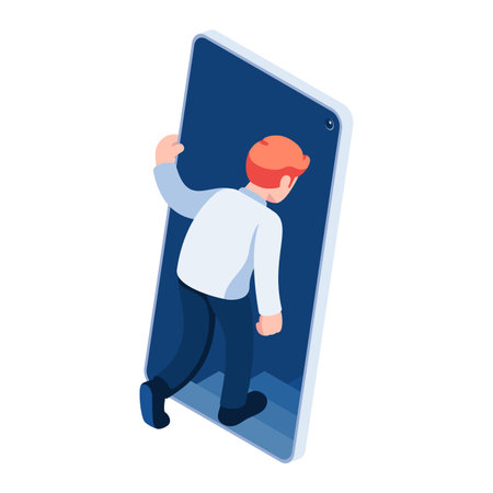 Flat 3d Isometric Businessman Walking into Smartphone. Smartphone and Social Media Addiction Concept.のイラスト素材