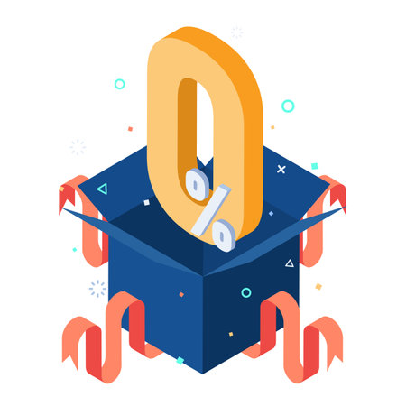Flat 3d Isometric Zero 0 Percent Symbol Pop Up From Gift Box. Sale Marketing and Zero Percent Interest Reductions Concept.のイラスト素材